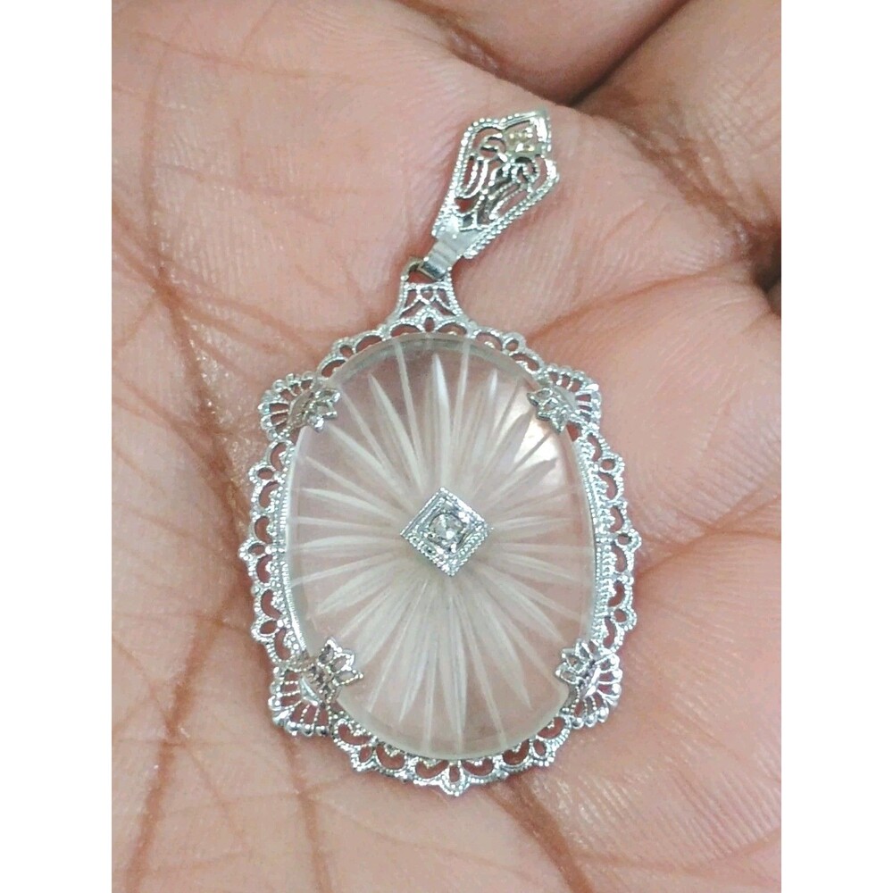 Art Deco Camphor Glass 14k White Gold Filigree Stunning Pendant Tested